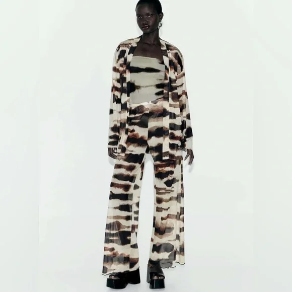 Zara High Waisted Tie Dye Tulle Print Mesh Straight Leg Pants Sz L - Picture 4 of 10